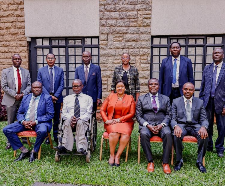 Hon. Rebecca Miano (Centre), EGH, Cabinet Secretary, Ministry of Investment, Trade, and Industry, and Dr. Juma Mukhwana (2nd Right), CBS, Principal Secretary, State Department for Industry, in a group photograph with heads of parastatals under the State Department of Industry on 24th January, 2024.