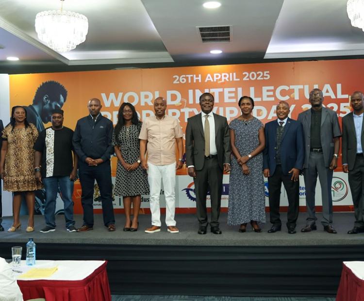 Dr. Juma Mukhwana (5th Right), Principal Secretary, State Department for Industry, flanked by Allan Kosgey (6th Right), KIPI Board Chairman, pose for a group photo with the Board Members after Dr. Mukhwana closed the World IP Day 2025 celebrations 