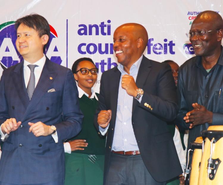Daren Tang (Left), WIPO Director General, with KIPI's Allan Kosgey (Centre), Board Chairman, and John Onyango, Managing Director, during the World Anti-Counterfeit Day 2025 Celebration held in Nairobi